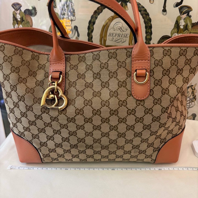GUCCI古馳 托特包 老花烏木色帆布拼皮手提包-8