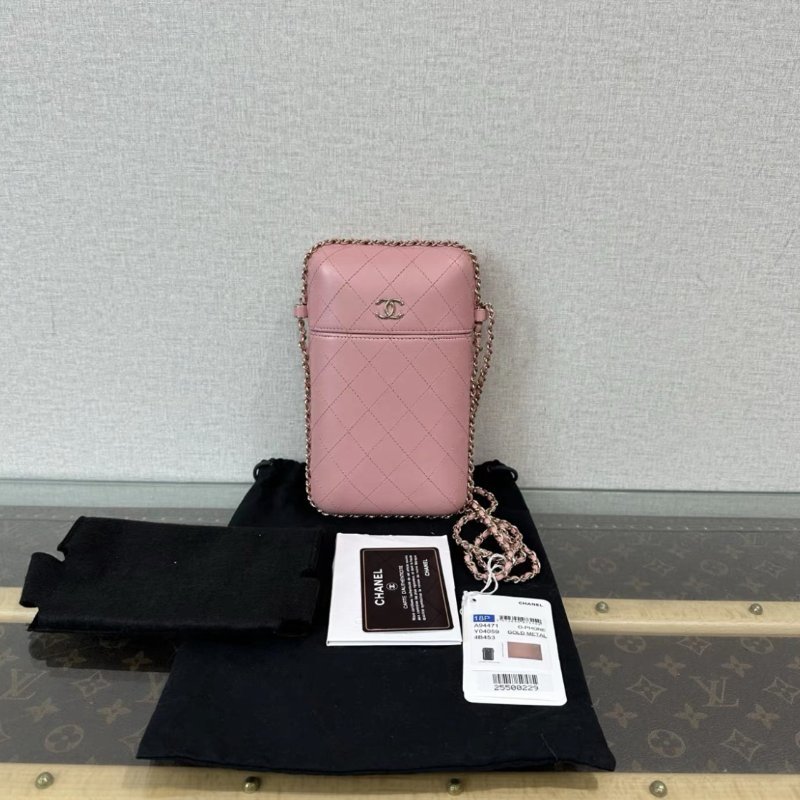 CHANEL 粉金菱格紋膠囊肩背斜背手機包 12*21*2 99新配件塵袋吊牌保卡-0