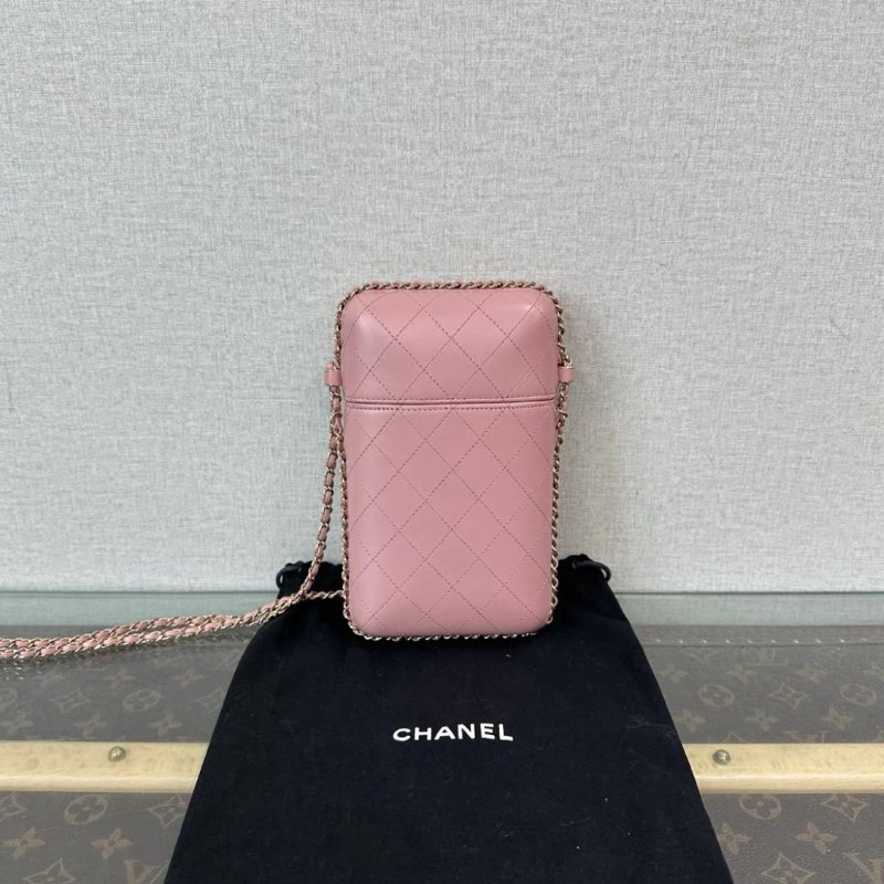 CHANEL 粉金菱格紋膠囊肩背斜背手機包 12*21*2 99新配件塵袋吊牌保卡-5