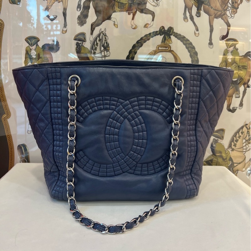 香奈兒 Chanel tote 深藍皮穿鏈 托特包-0