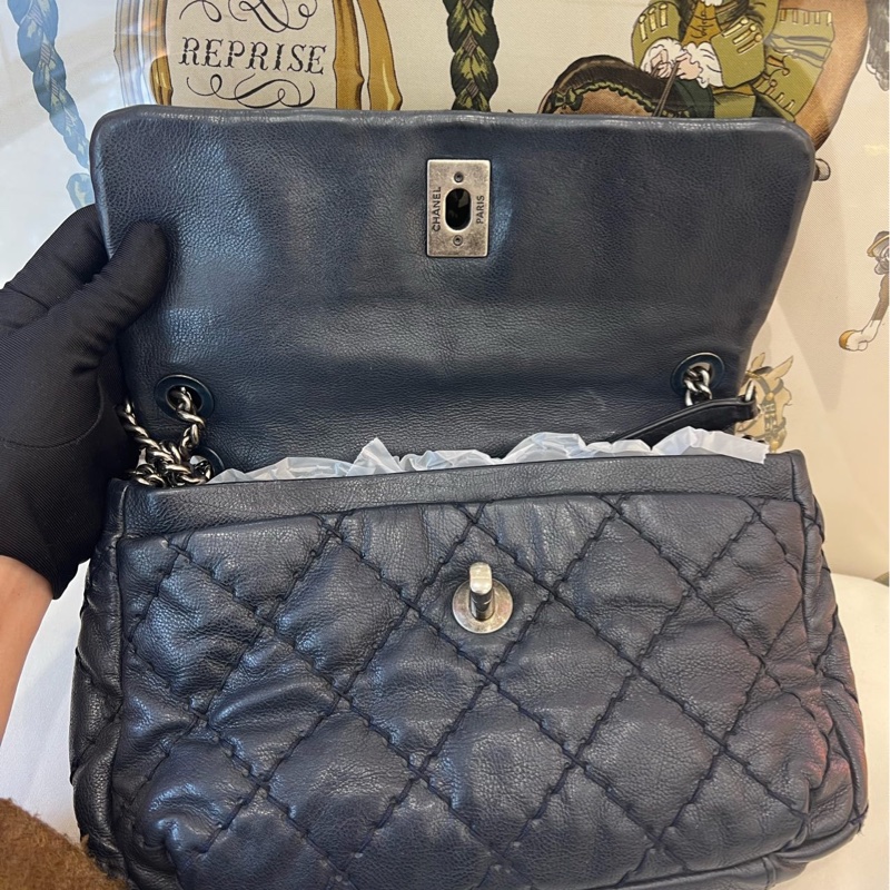 香奈兒Chanel 藍黑配色 cf外縫線款 機場包 大菱格➕經典大雙C扣-4