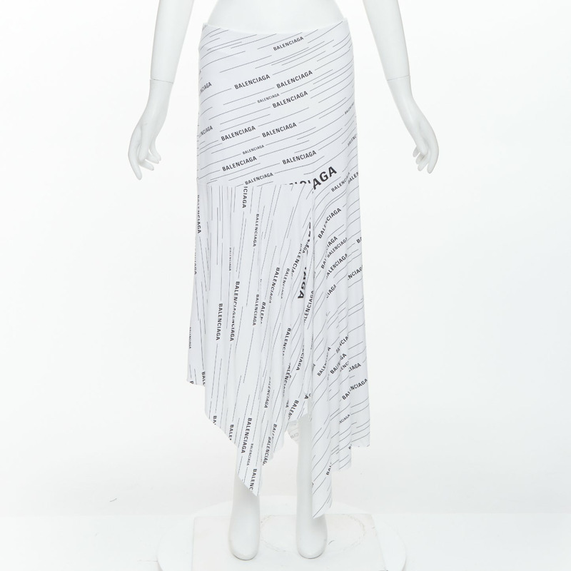 BALENCIAGA Demna 2018 white black logo print asymmetric midi skirt FR38 M-7