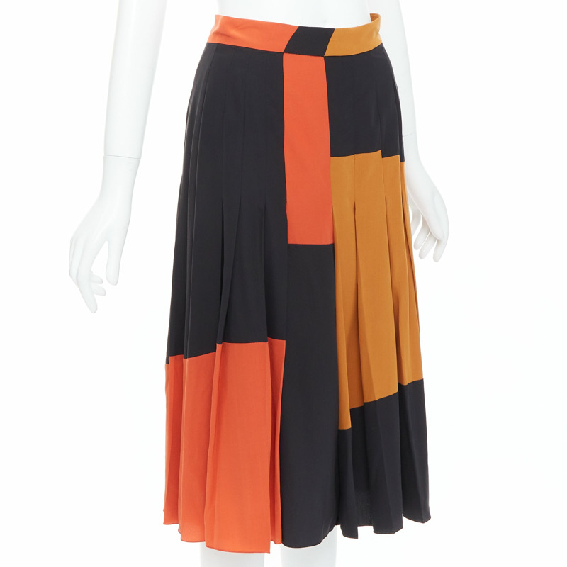 BOTTEGA VENETA 100% silk black orange brown colorblock pleated skirt IT36 XXS-2