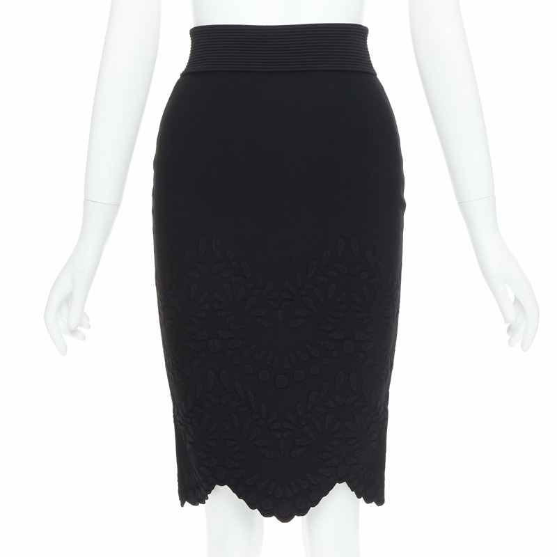 ALEXANDER MCQUEEN black jacquard knit scallop hem pencil skirt XS-0