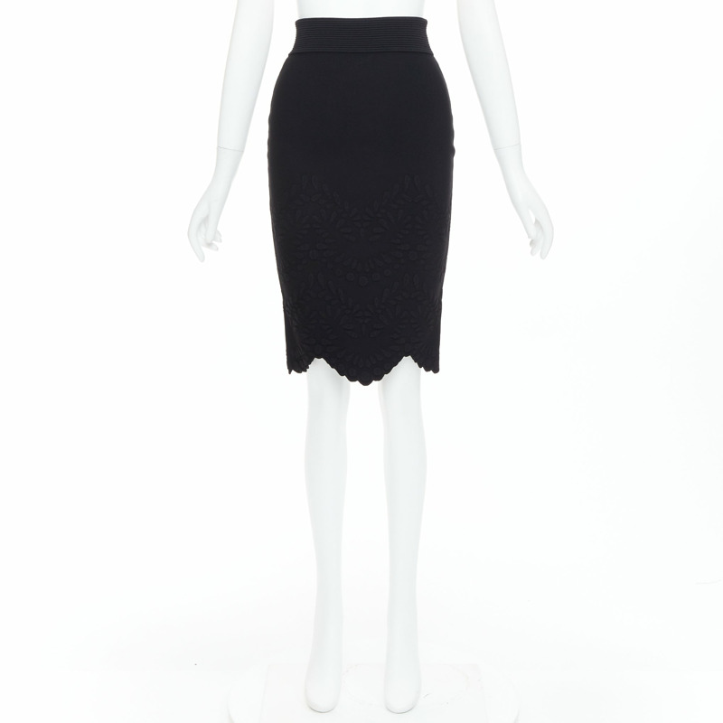 ALEXANDER MCQUEEN black jacquard knit scallop hem pencil skirt XS-8