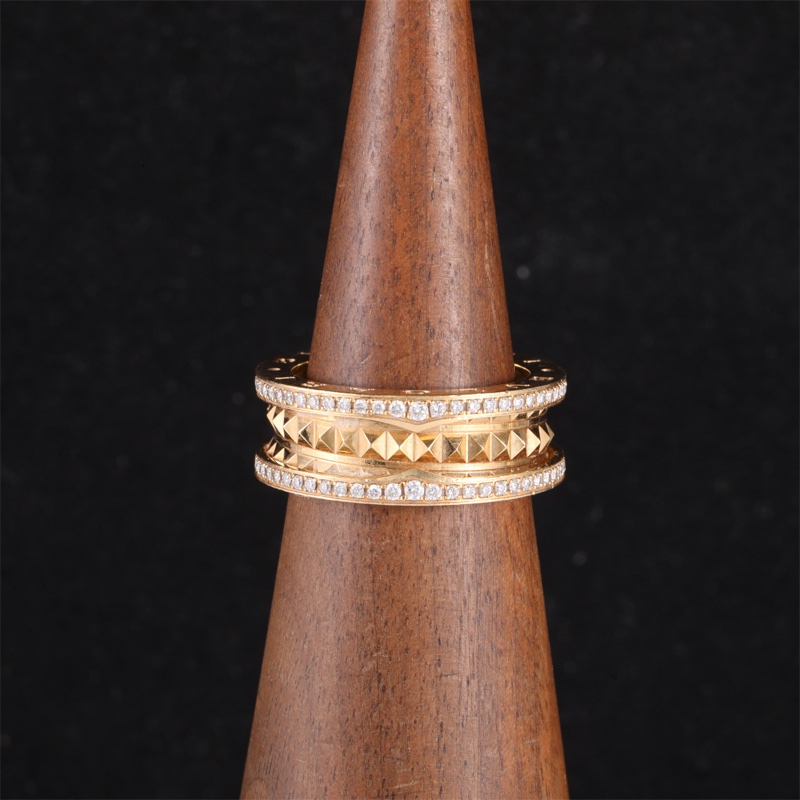 BVLGARI(寶格麗) 18K黃金 鑽石 黃金 B.ZERO1 彈簧戒指 ROCK 鉚釘 三圈 雙邊鑽 57 18K-0