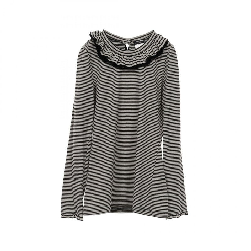 香奈兒 COCO 標誌紐帶長袖純棉T卹，黑色/灰色，二手女款 #34-0