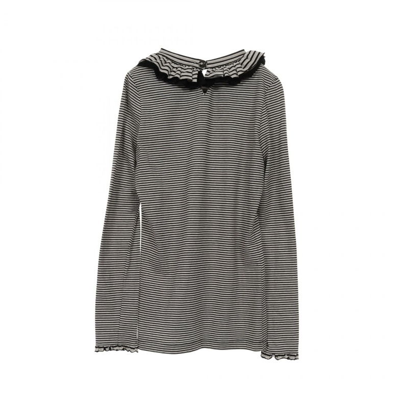 香奈兒 COCO 標誌紐帶長袖純棉T卹，黑色/灰色，二手女款 #34-1