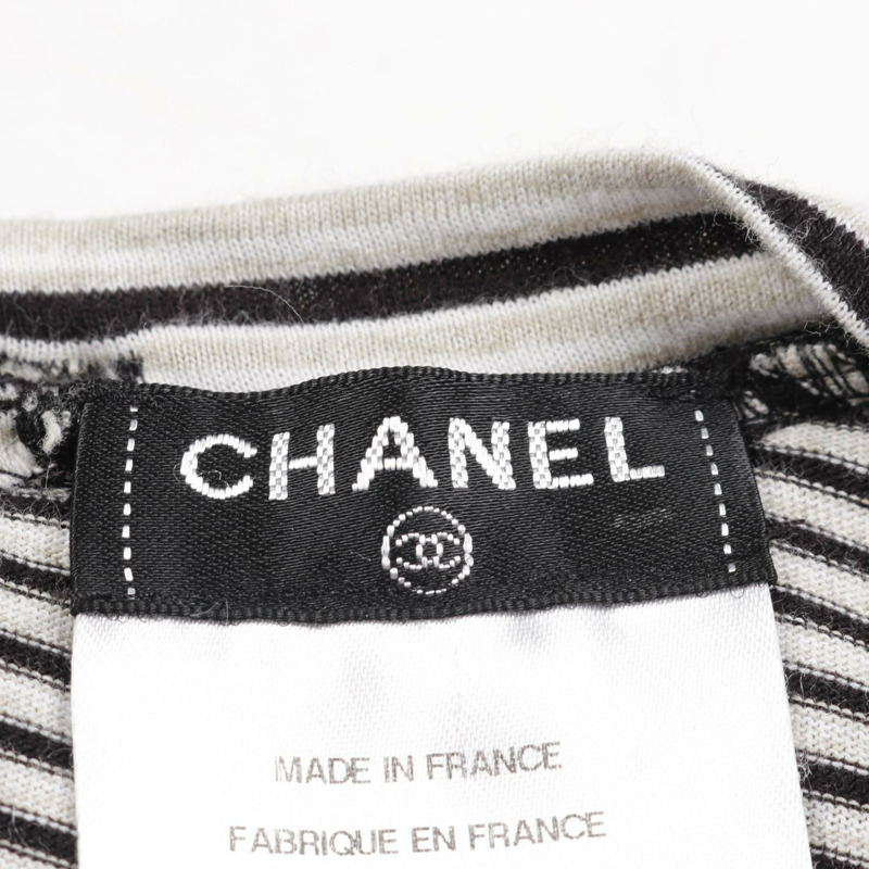 香奈兒 COCO 標誌紐帶長袖純棉T卹，黑色/灰色，二手女款 #34-2