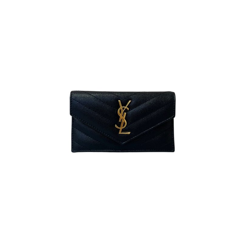 YSL 黑荔枝牛皮金釦5卡信封拉鍊零錢卡包612808-0