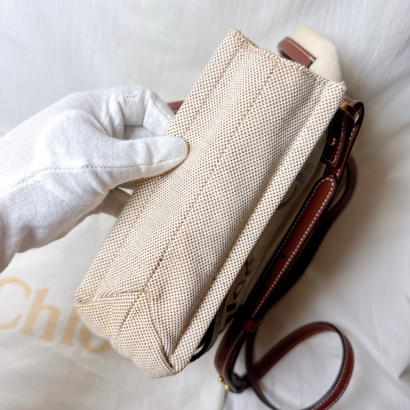 二手Chloe Woody系列斜背手提帆布托特包燕麥棕色 Chloe帆布包 Chloe斜背 Chloe托特-1