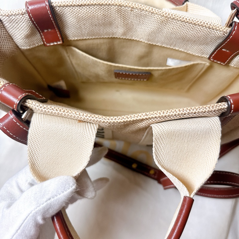 二手Chloe Woody系列斜背手提帆布托特包燕麥棕色 Chloe帆布包 Chloe斜背 Chloe托特-24