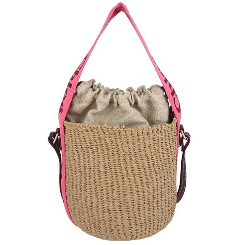 chloe woody 草編織帶手提兩用水桶包（桃粉邊）-1