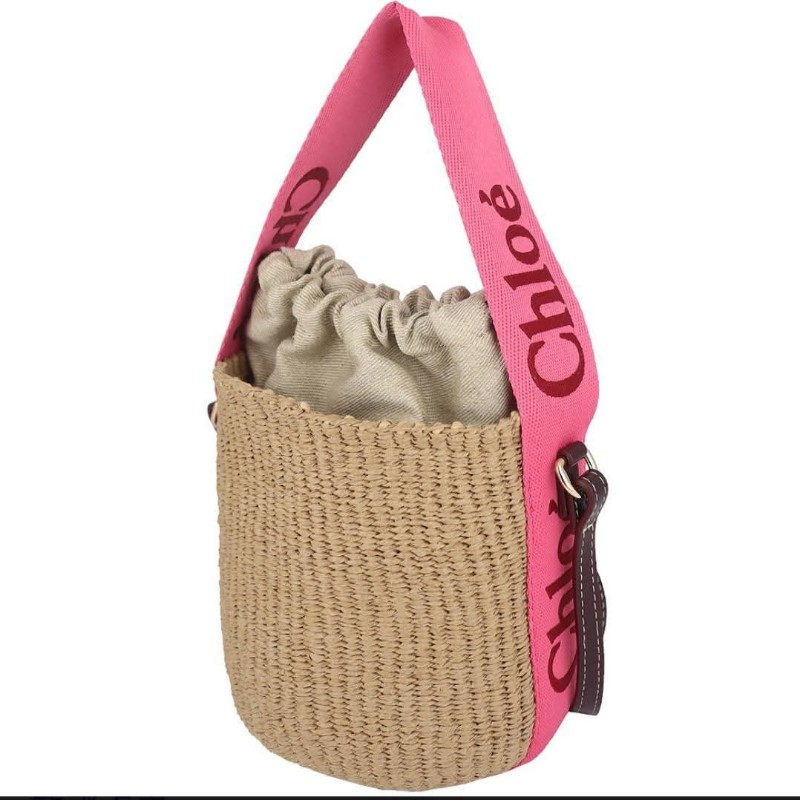 chloe woody 草編織帶手提兩用水桶包（桃粉邊）-2