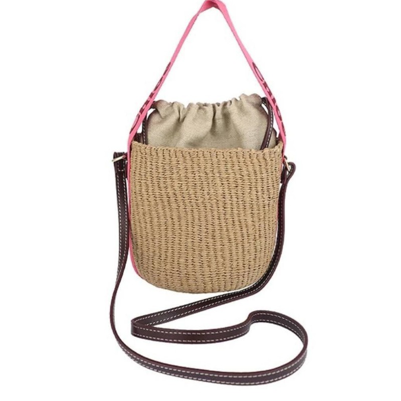 chloe woody 草編織帶手提兩用水桶包（桃粉邊）-3