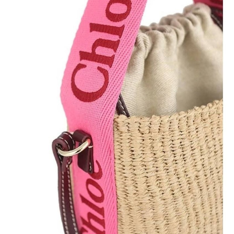 chloe woody 草編織帶手提兩用水桶包（桃粉邊）-8