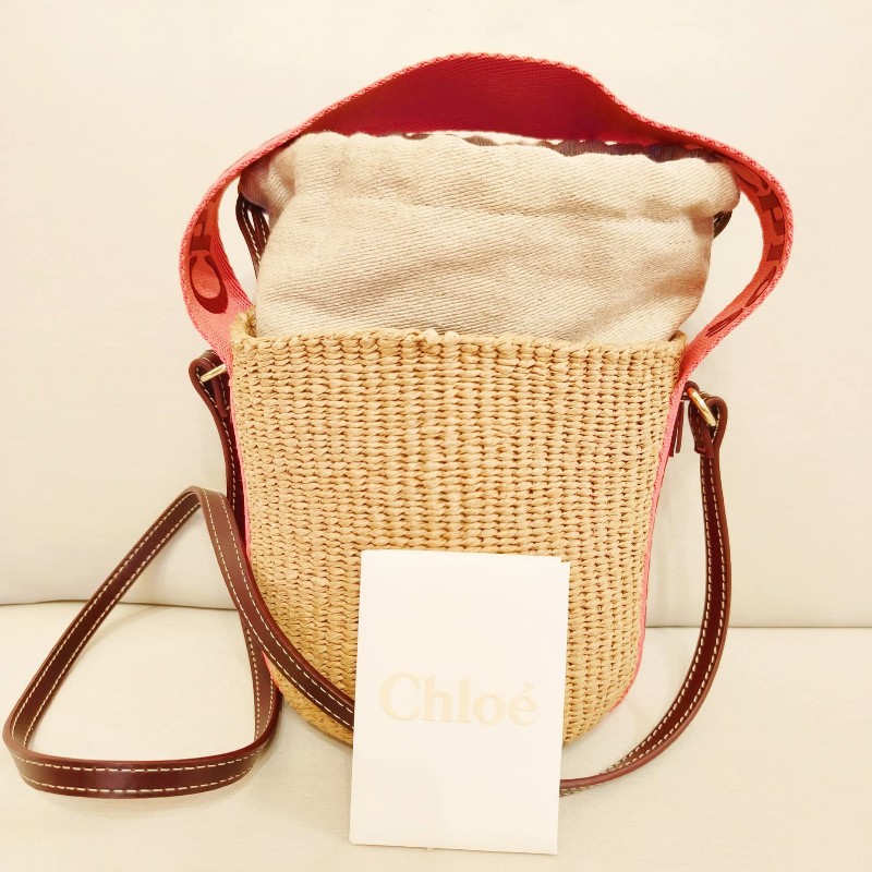 chloe woody 草編織帶手提兩用水桶包（桃粉邊）-9