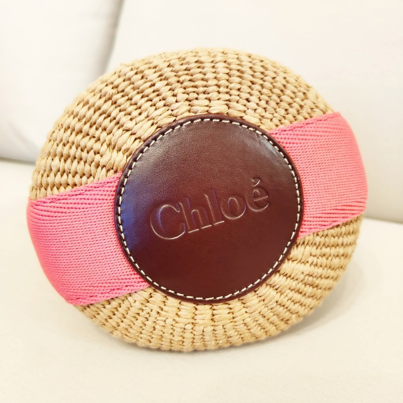 chloe woody 草編織帶手提兩用水桶包（桃粉邊）-15