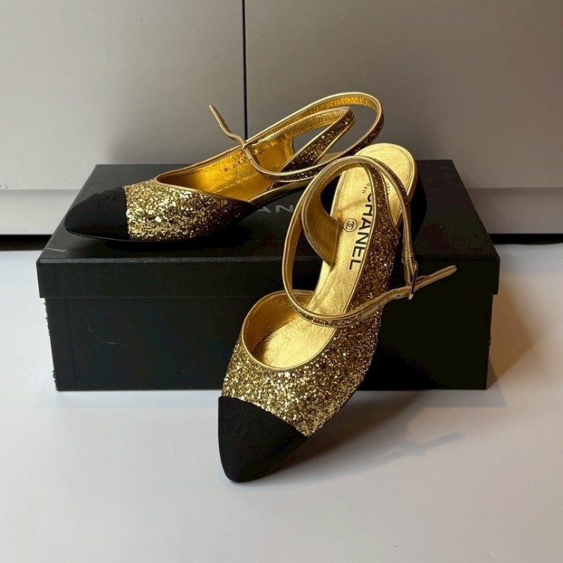 Chanel 黑頭金蔥低跟女鞋-0