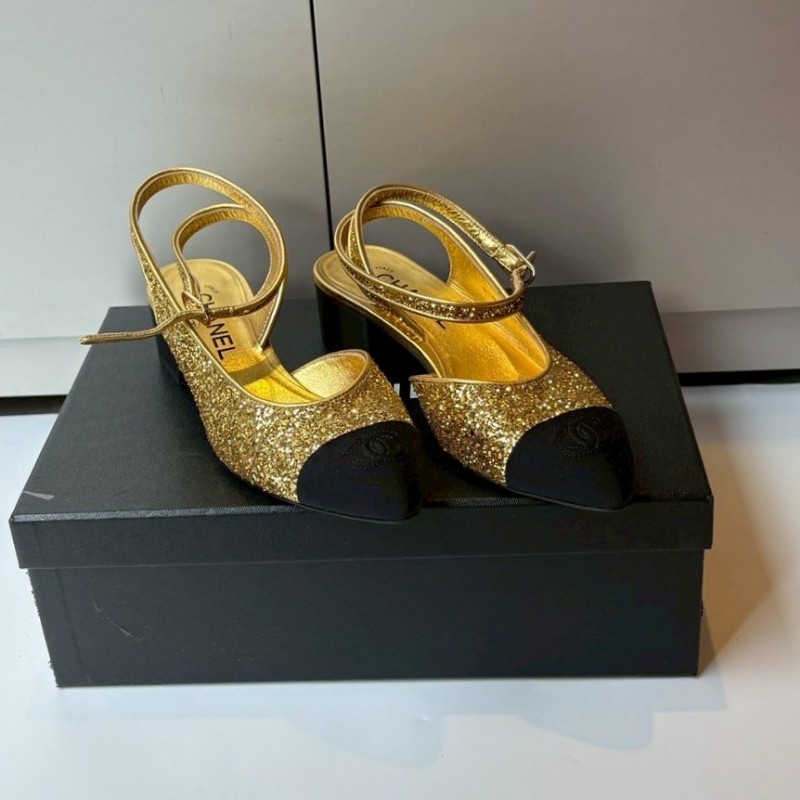Chanel 黑頭金蔥低跟女鞋-1