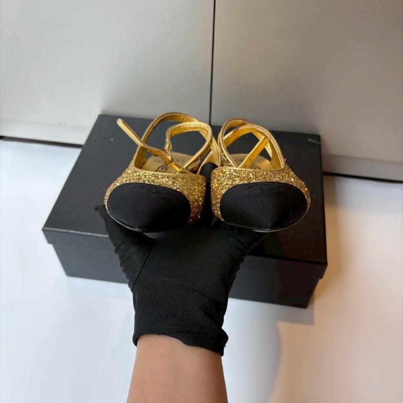 Chanel 黑頭金蔥低跟女鞋-4