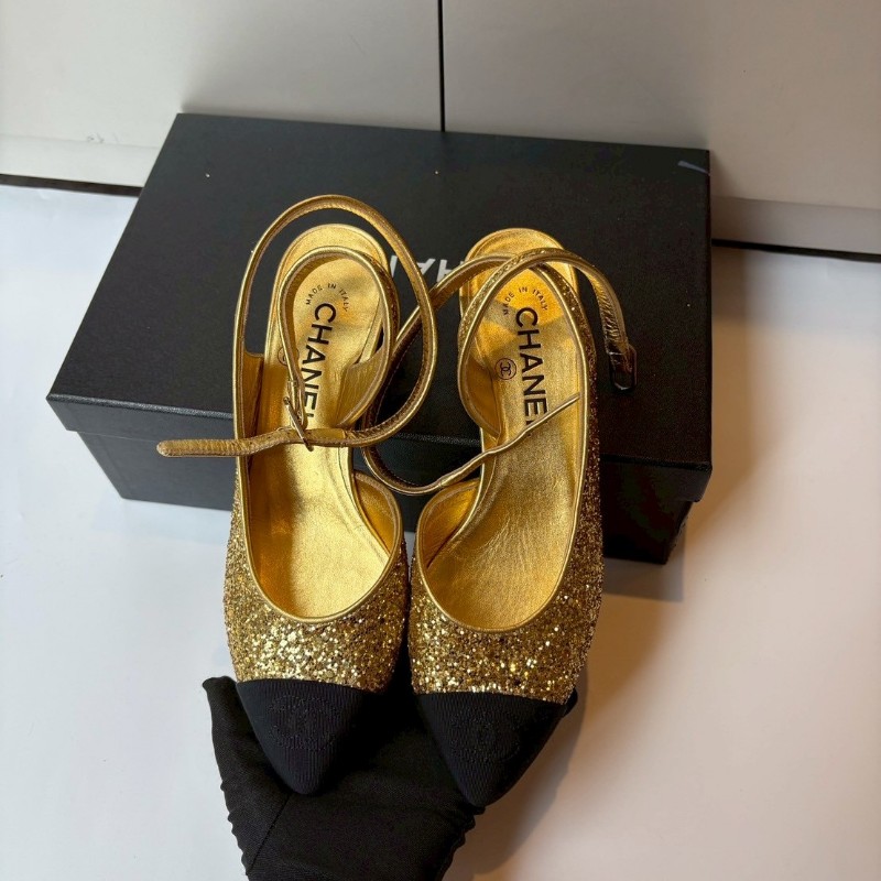 Chanel 黑頭金蔥低跟女鞋-6