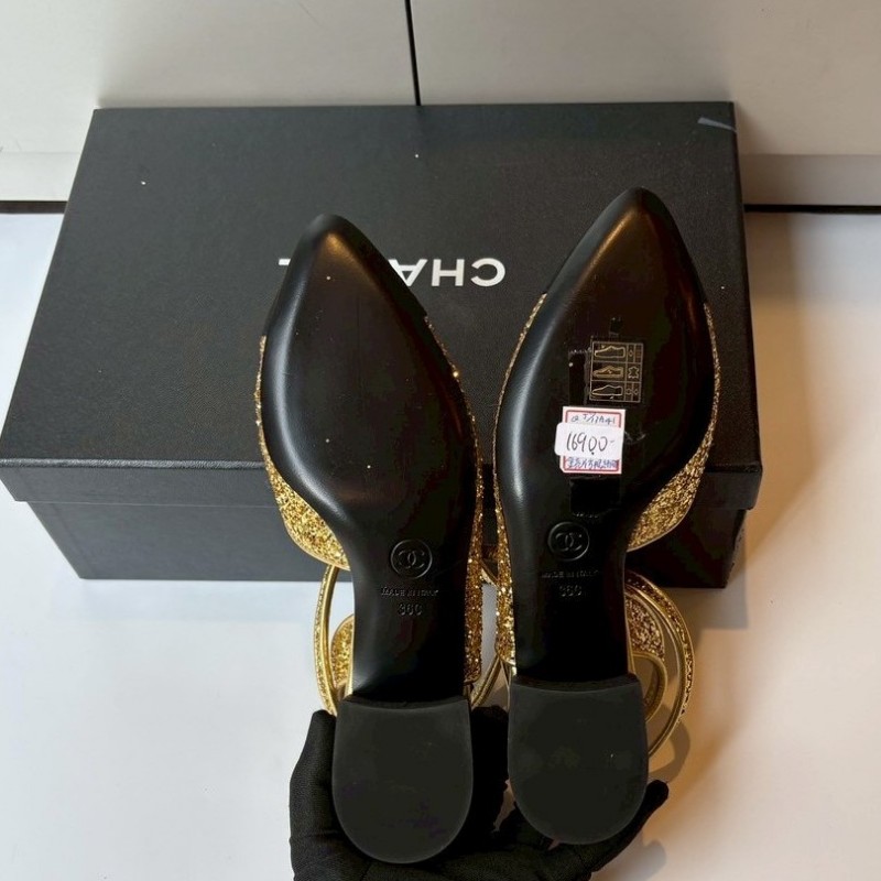 Chanel 黑頭金蔥低跟女鞋-7