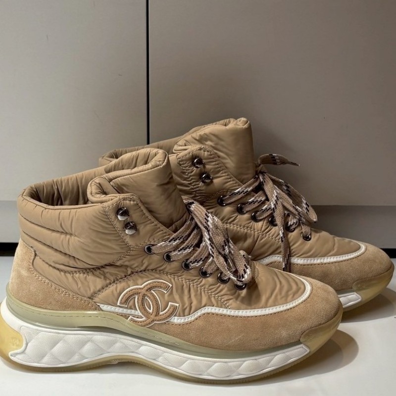 Chanel 白底淺駝色布+麂皮短筒休閒鞋-0
