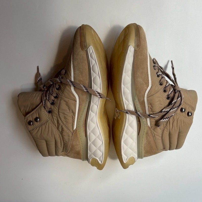 Chanel 白底淺駝色布+麂皮短筒休閒鞋-3