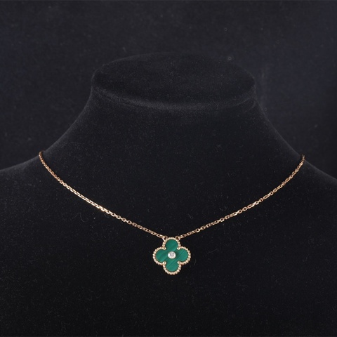 VAN CLEEF&ARPELS(梵克雅寶) Vintage Alhambra 中號單花項鏈 2013年聖誕 單鑽 18K黃金/鑽石/孔雀石 項鏈 黃金