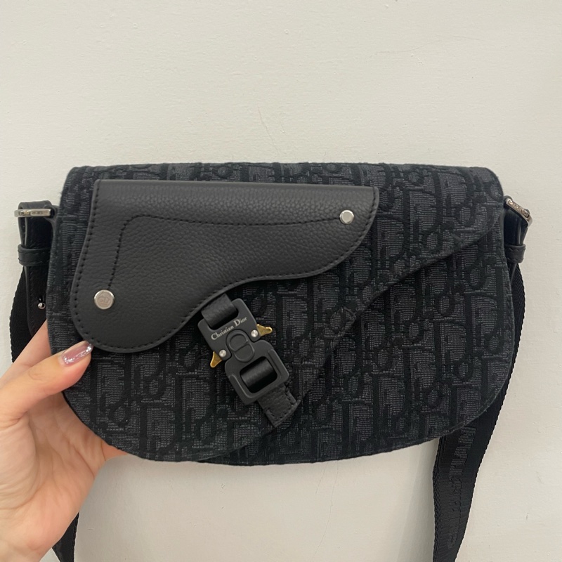 Dior 黑緹花布黑牛皮銀釦Saddle馬鞍斜背包-0