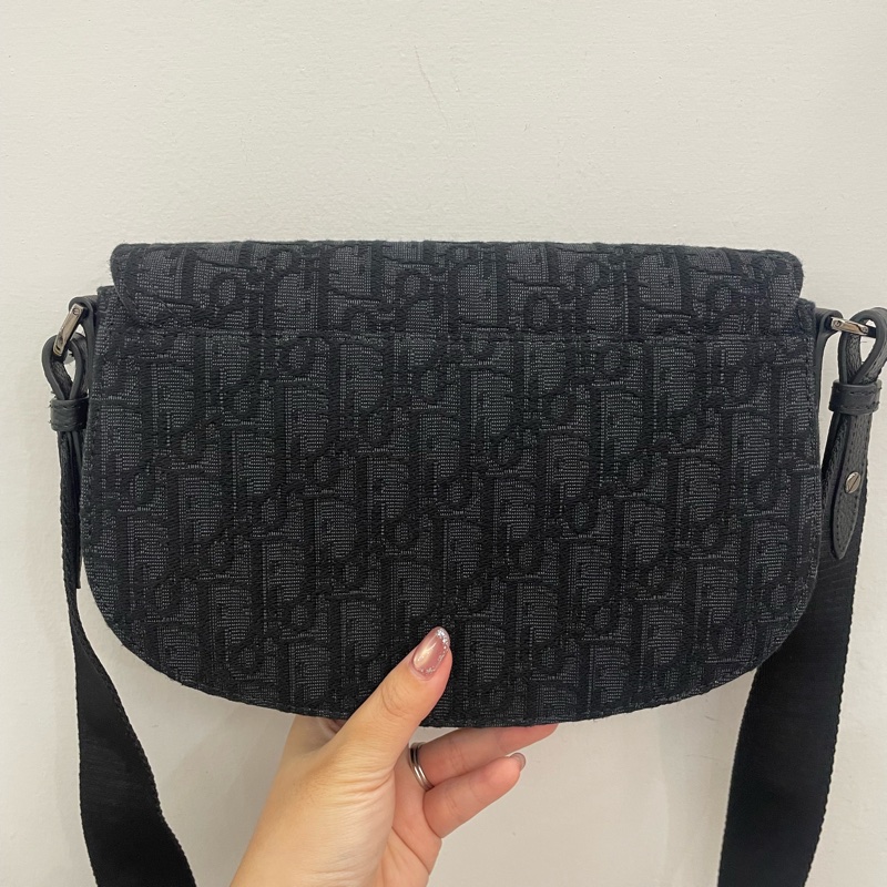 Dior 黑緹花布黑牛皮銀釦Saddle馬鞍斜背包-1