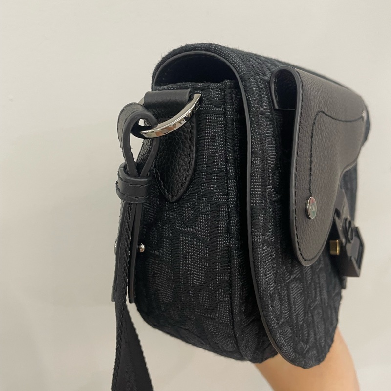 Dior 黑緹花布黑牛皮銀釦Saddle馬鞍斜背包-3