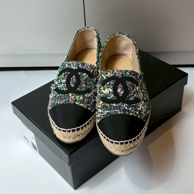 Chanel 黑頭草綠色布草編平底鞋/鉛筆鞋-0