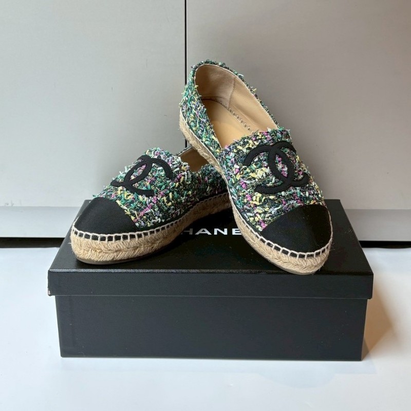 Chanel 黑頭草綠色布草編平底鞋/鉛筆鞋-1