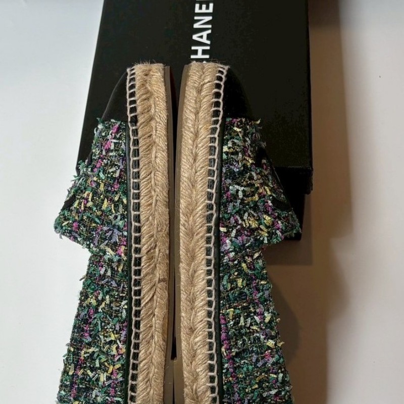 Chanel 黑頭草綠色布草編平底鞋/鉛筆鞋-3