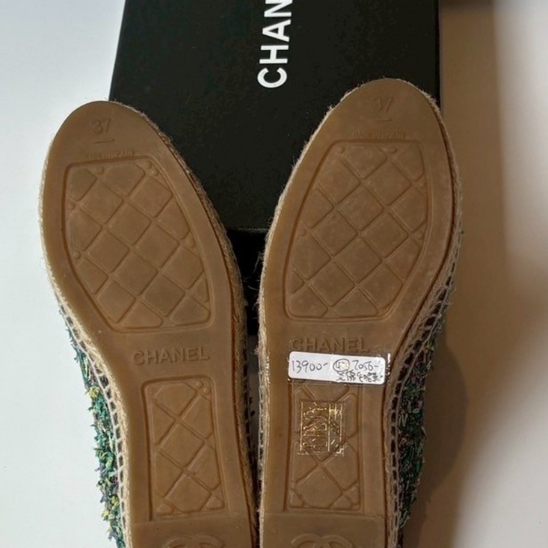 Chanel 黑頭草綠色布草編平底鞋/鉛筆鞋-4