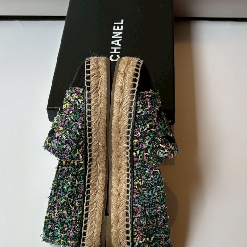 Chanel 黑頭草綠色布草編平底鞋/鉛筆鞋-5