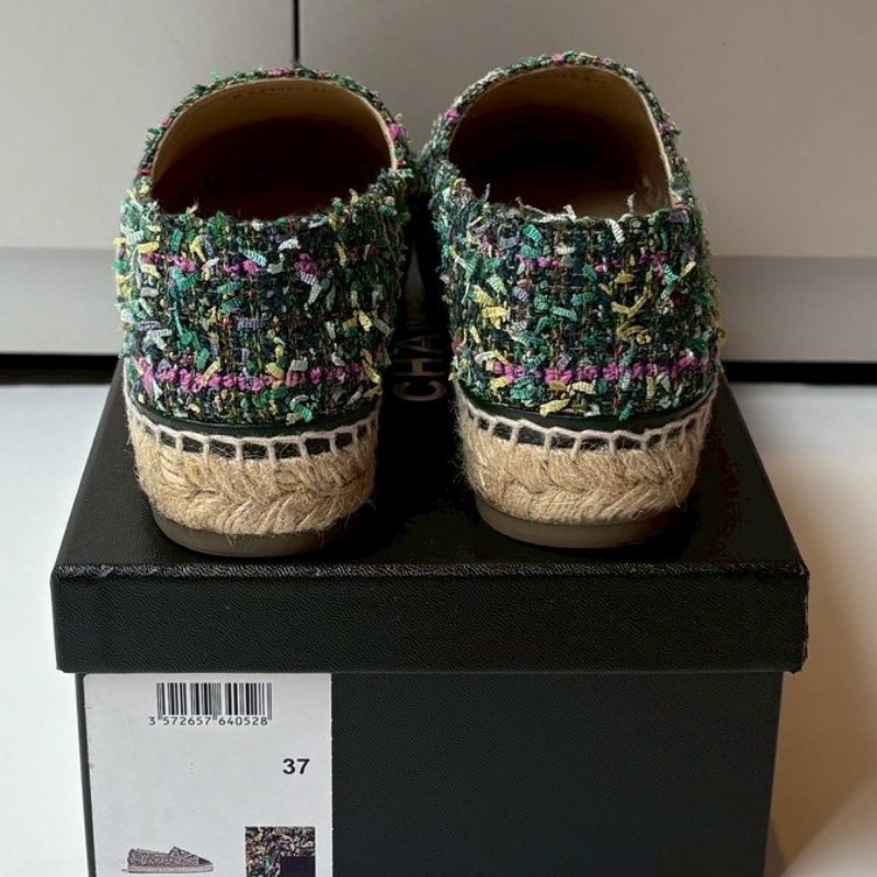 Chanel 黑頭草綠色布草編平底鞋/鉛筆鞋-6