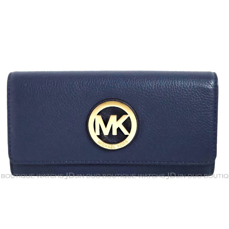 金鐸精品~2464 MICHAEL KORS MK 深藍色皮革紋金屬LOGO掀蓋長夾 全新品-0