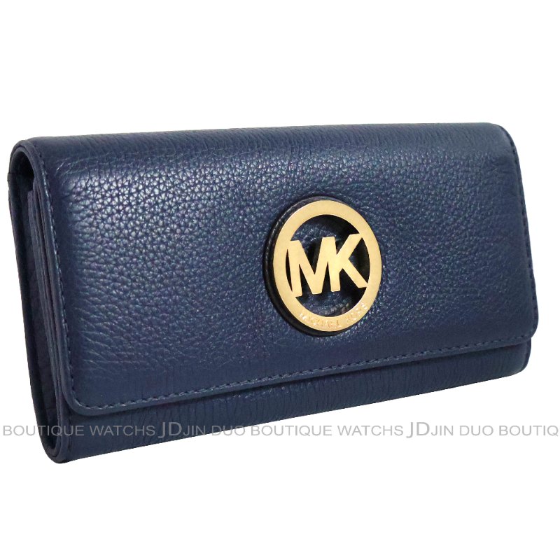 金鐸精品~2464 MICHAEL KORS MK 深藍色皮革紋金屬LOGO掀蓋長夾 全新品-2
