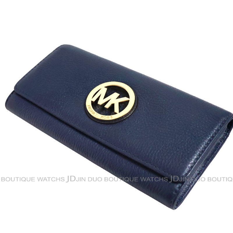 金鐸精品~2464 MICHAEL KORS MK 深藍色皮革紋金屬LOGO掀蓋長夾 全新品-4