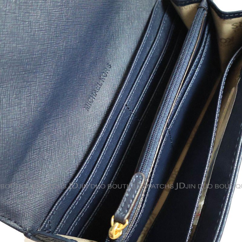 金鐸精品~2464 MICHAEL KORS MK 深藍色皮革紋金屬LOGO掀蓋長夾 全新品-6