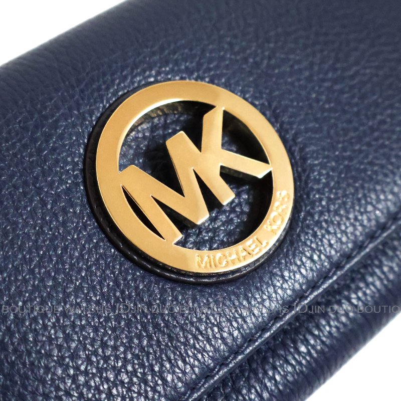 金鐸精品~2464 MICHAEL KORS MK 深藍色皮革紋金屬LOGO掀蓋長夾 全新品-7