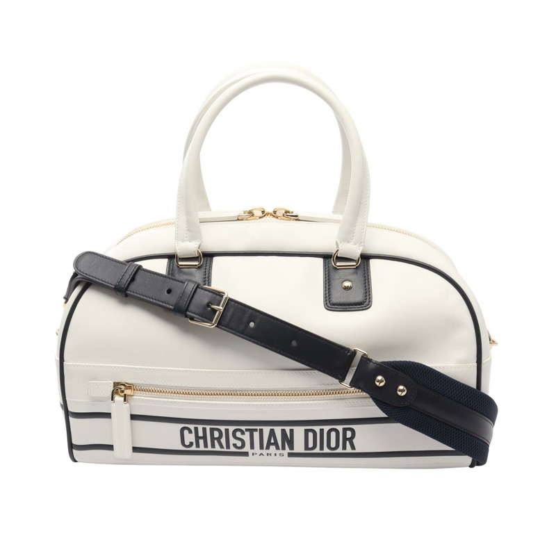 Christian Dior VIBE 中型保齡球包肩背包手提包皮革白色黑色二手-0