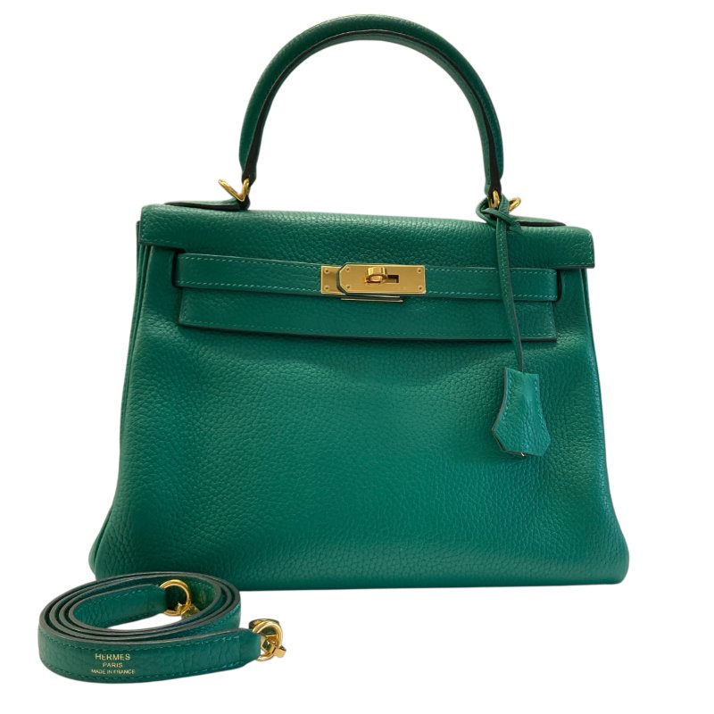 HERMES 愛馬仕 KELLY 28 C刻 皮革 手提包 絲絨綠 金釦-0