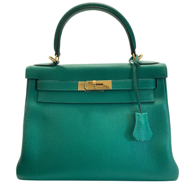 HERMES 愛馬仕 KELLY 28 C刻 皮革 手提包 絲絨綠 金釦-1