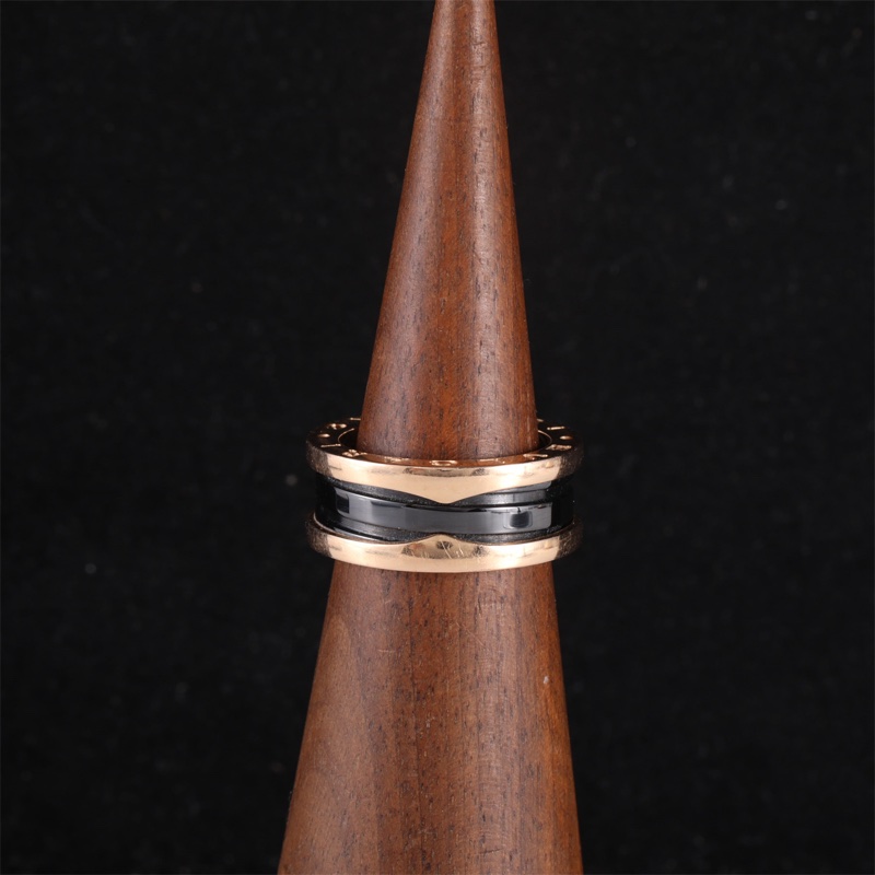 BVLGARI(寶格麗) B.ZERO1 彈簧戒指 三圈 18K玫瑰金/黑陶瓷 50 玫瑰金-0