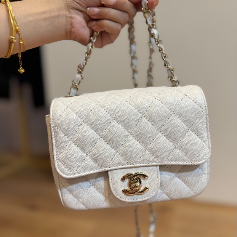 CHANEL 香奈兒 白色 17 方胖子 CF 鍊條包 斜背包 側背包 肩背包-1