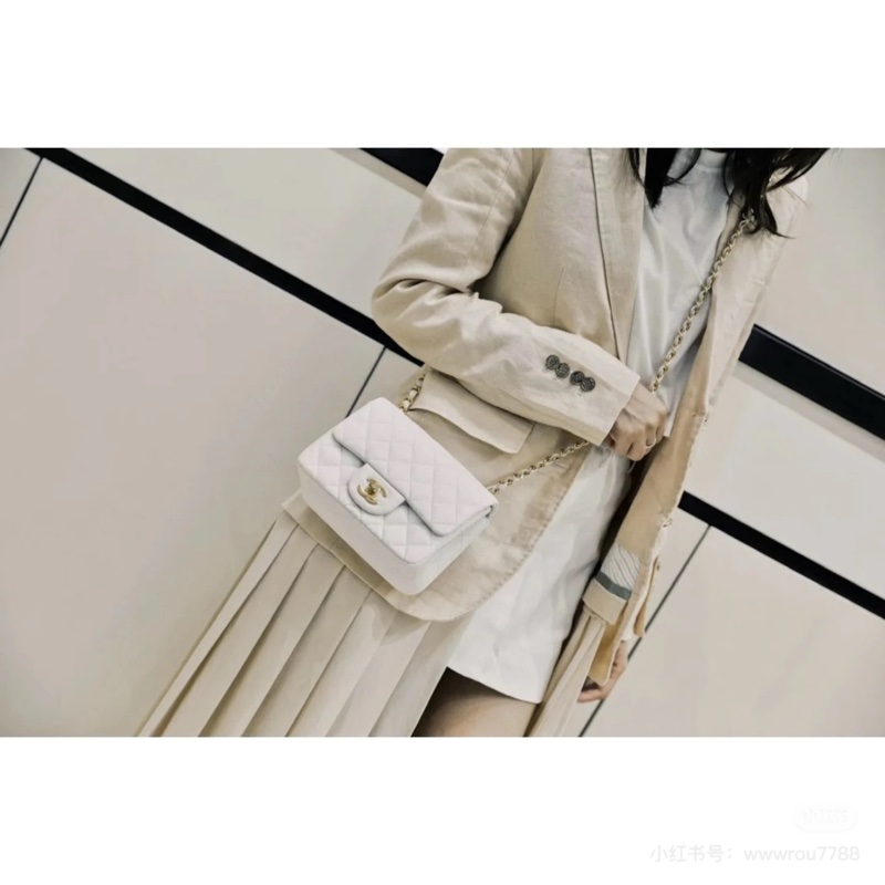CHANEL 香奈兒 白色 17 方胖子 CF 鍊條包 斜背包 側背包 肩背包-4